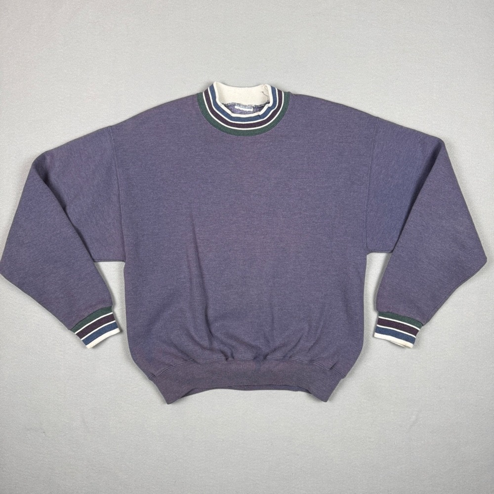 Vintage Purple Striped Trim Crewneck Sweatshirt‎ Retro Pullover Cut Tag (Medium)